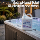 A 2.5L bottle of Poppits One Step Water Prep spa balancer sitting on the side of an illuminated backyard hot tub at night, with white text overlay stating that it sets pH and total alkalinity in one dose.