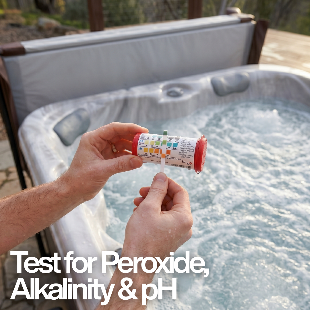 A hand holding a Poppits Peroxsil test strip against the bottle chart over a bubbling spa, with text: "Test for Peroxide, Alkalinity & pH," showing how to monitor chlorine-free water balance.