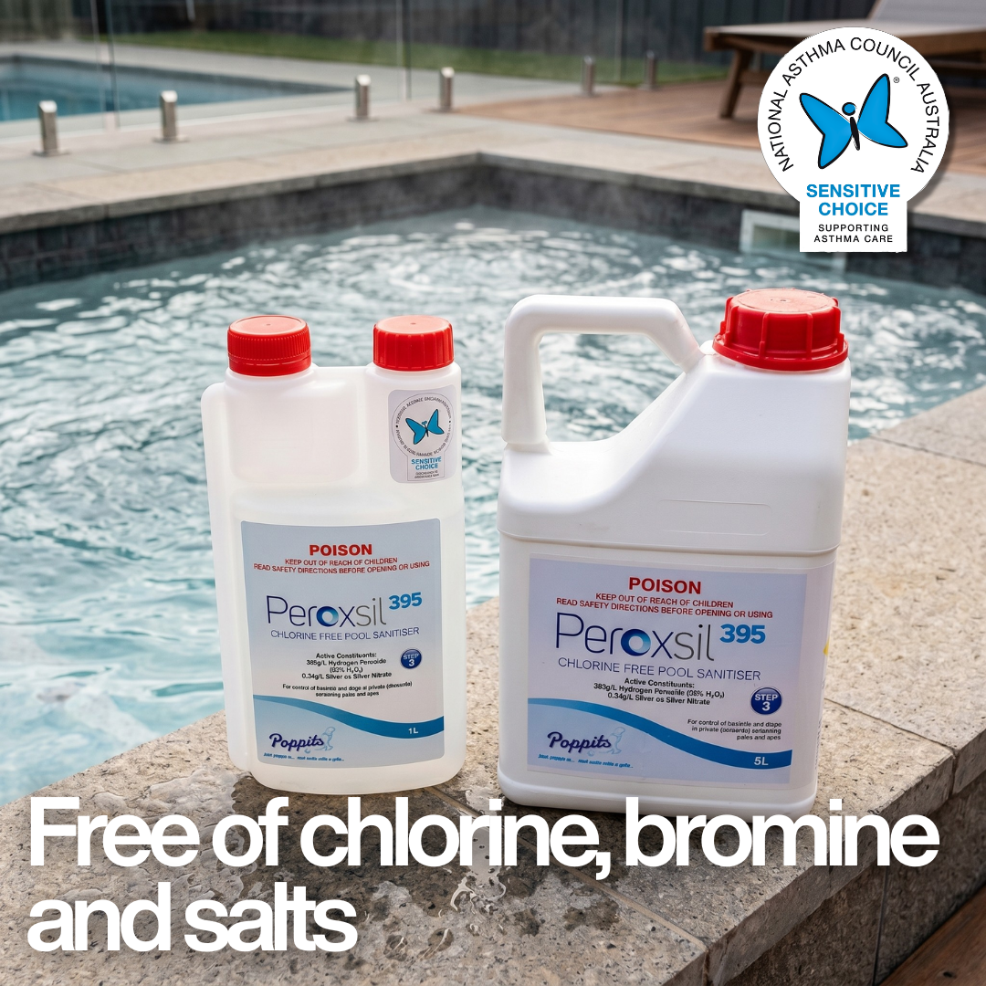 1L and 5L bottles of Poppits Peroxsil 395 poolside with National Asthma Council Sensitive Choice logo and text: "Free of chlorine, bromine and salts."