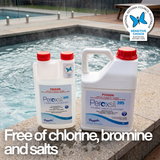 1L and 5L bottles of Poppits Peroxsil 395 poolside with National Asthma Council Sensitive Choice logo and text: "Free of chlorine, bromine and salts."