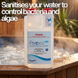 A 1L bottle of Poppits Peroxsil 395 chlorine-free pool and spa sanitiser sitting on the wooden ledge of a bubbling hot tub, with text overlay stating that it sanitises your water to control bacteria and algae.