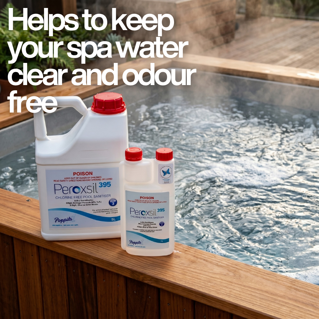 1L and 5L containers of Poppits Peroxsil 395 sitting on the timber edge of a steaming outdoor spa with text: "Helps to keep your spa water clear and odour free."