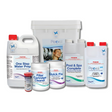 Poppits Peroxsil chlorine-free spa startup chemical kit featuring Peroxsil 395 pool sanitiser, One Step Water Prep, Pool and Spa Complete clarifier, Quick Fix oxidiser, Filter Cartridge Cleaner, and Peroxsil test strips.