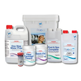 Poppits Peroxsil chlorine-free spa startup chemical kit featuring Peroxsil 395 pool sanitiser, One Step Water Prep, Pool and Spa Complete clarifier, Quick Fix oxidiser, Filter Cartridge Cleaner, and Peroxsil test strips.