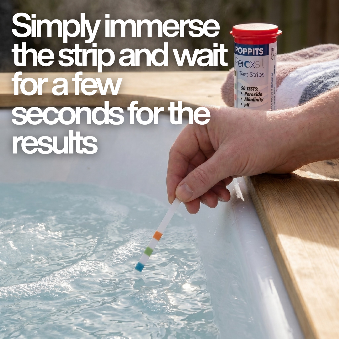 A hand immersing a Poppits Peroxsil test strip into steaming spa water with text: "Simply immerse the strip, wait for a few seconds for the results," demonstrating the 3-in-1 peroxide testing process.