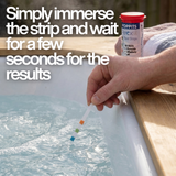 A hand immersing a Poppits Peroxsil test strip into steaming spa water with text: "Simply immerse the strip, wait for a few seconds for the results," demonstrating the 3-in-1 peroxide testing process.