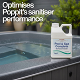 A 5L container of Poppits Pool &amp; Spa Complete Maintenance and Clarifier optimises sanitiser performance
