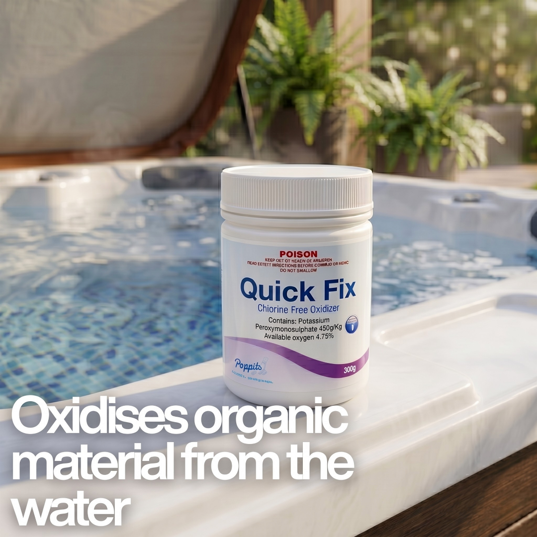 A 300g tub of Poppits Quick Fix chlorine-free spa oxidiser sitting on the edge of a steaming backyard hot tub, with a white text overlay stating that it oxidises organic material from the water.