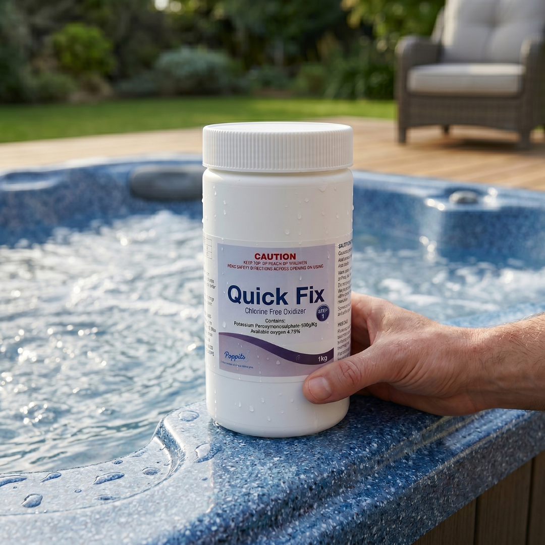 A hand holding a 1kg bottle of Poppits Quick Fix chlorine-free spa oxidiser on the side edge of a blue textured outdoor hot tub in a backyard setting.