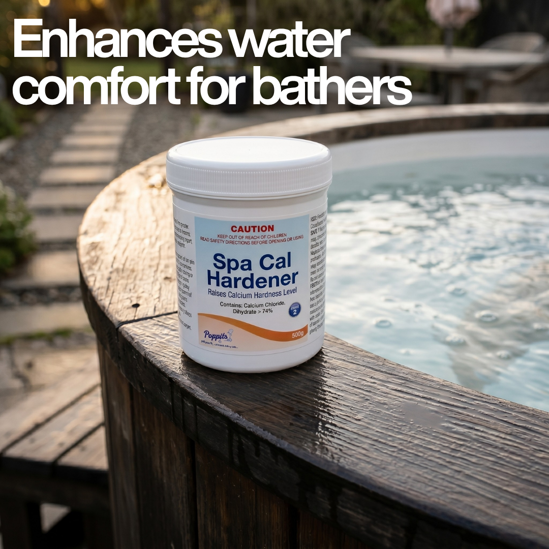 A 500g container of Poppits Spa Cal Hardener sitting on the curved wooden edge of an outdoor hot tub. The image features a bold white text overlay reading "Enhances water comfort for bathers," with the product label clearly showing it raises calcium hardness levels.