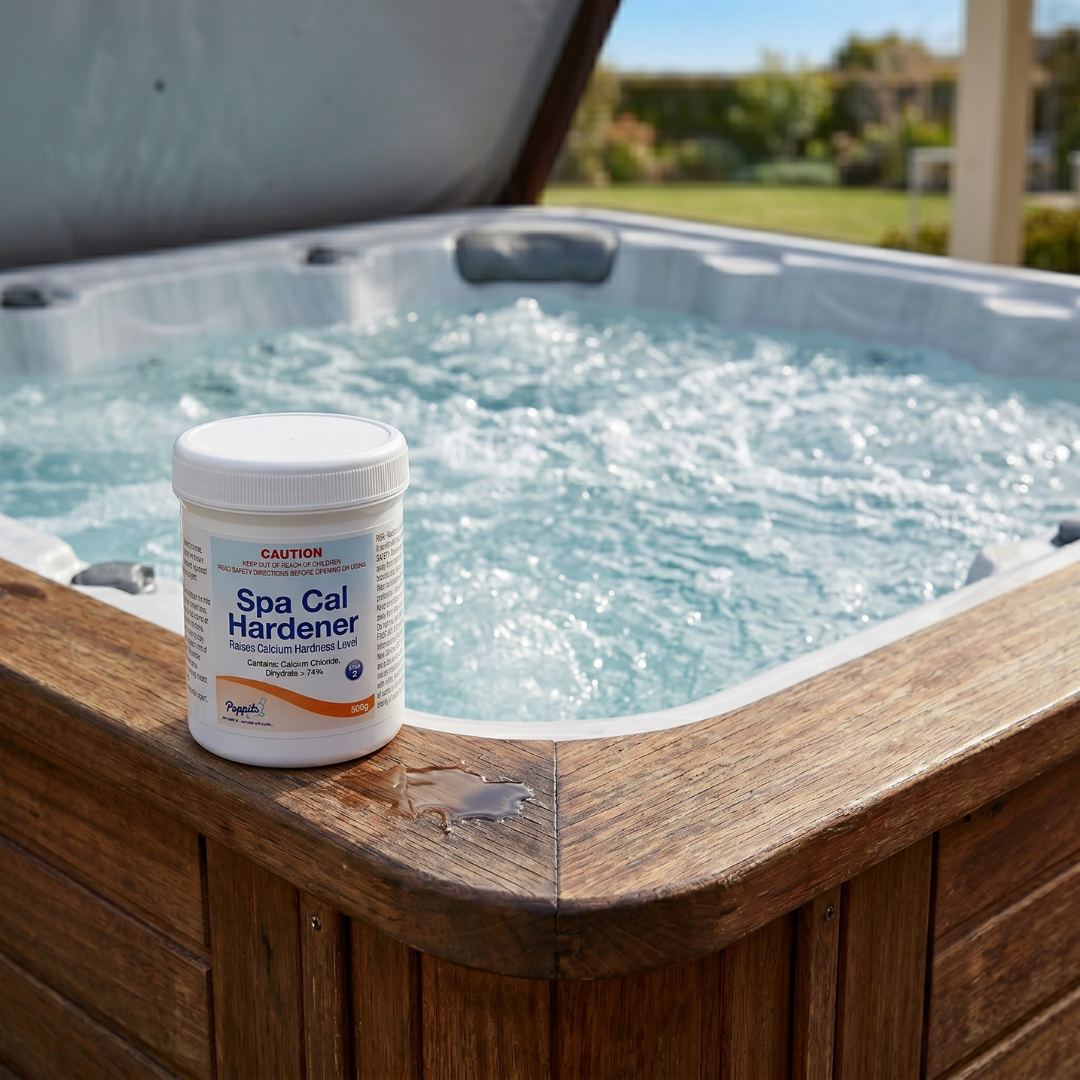 A 500g tub of Poppits Spa Cal Hardener sitting on the wooden edge of an outdoor hot tub with bubbling water. The label notes it contains Calcium Chloride Dihydrate to raise calcium hardness levels and protect spa components.