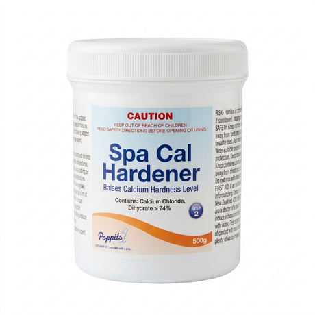 A 500g container of Poppits Spa Cal Hardener against a clean white background. The product label features a blue "Step 2" logo and indicates it is used to raise calcium hardness levels in spas, containing more than 74% Calcium Chloride, Dihydrate.