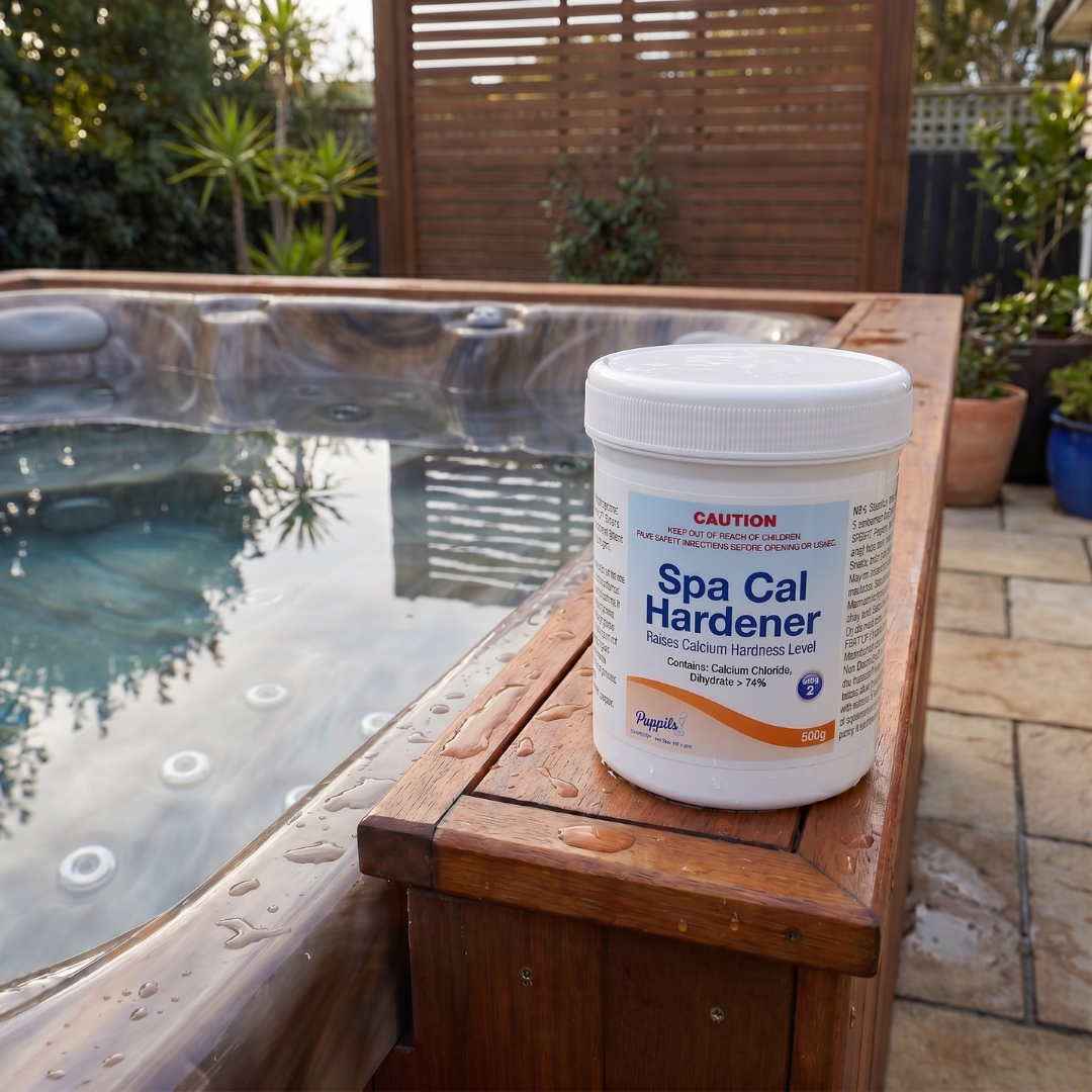 A container of Poppits Spa Cal Hardener sitting on the wet wooden edge of an outdoor hot tub. The label shows it raises calcium hardness levels, contains Calcium Chloride Dihydrate, and serves as a Step 2 pool and spa water balancer.
