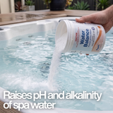 A hand pouring granular Poppits Water Balance into a hot tub, with text overlay: "Raises pH and alkalinity of spa water," showing maintenance dosing for a chlorine-free system.