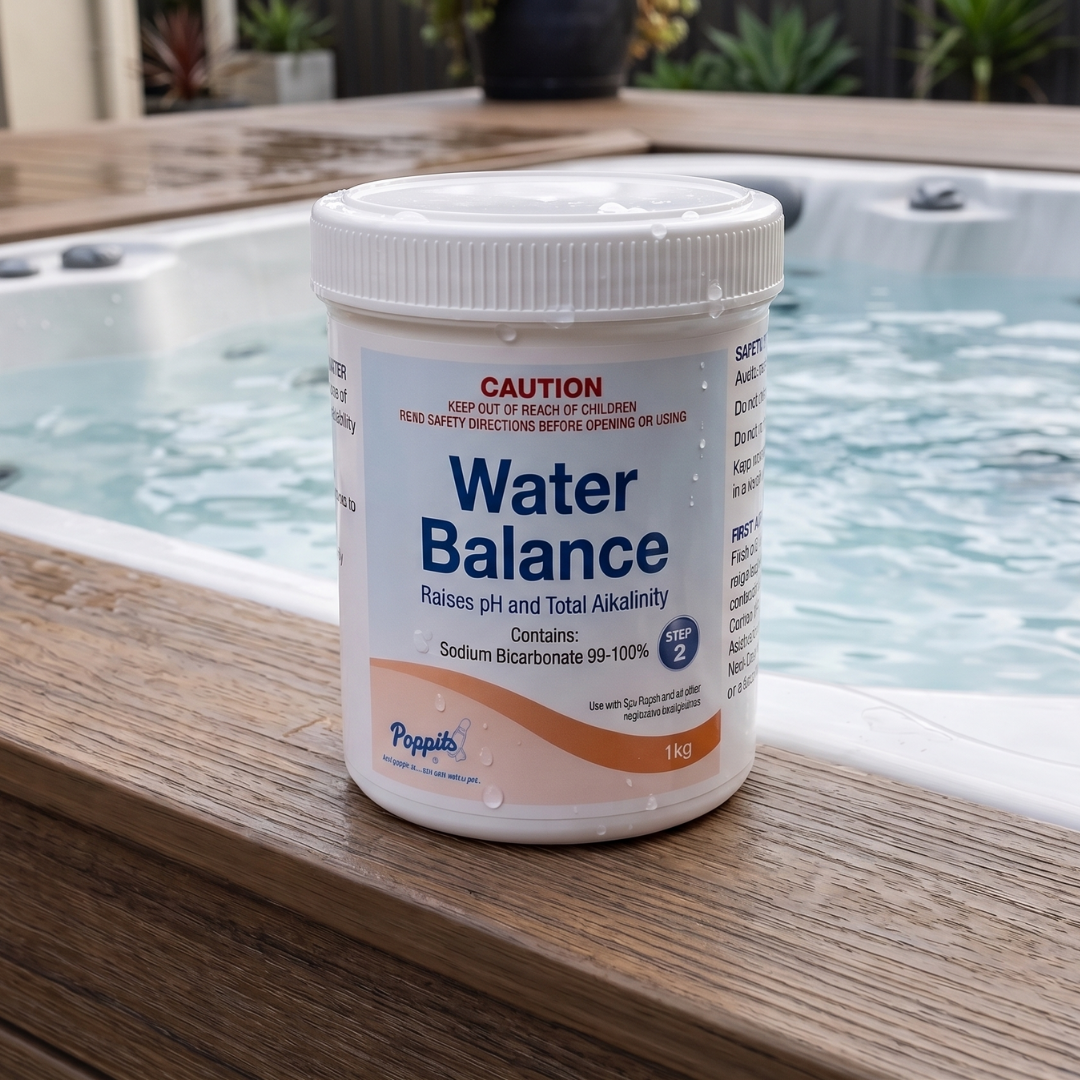 A 1kg container of Poppits Water Balance sitting on a wooden deck next to a bubbling spa. The label identifies it as Step 2, containing 99-100% Sodium Bicarbonate, used to raise pH and Total Alkalinity in hot tubs and pools.