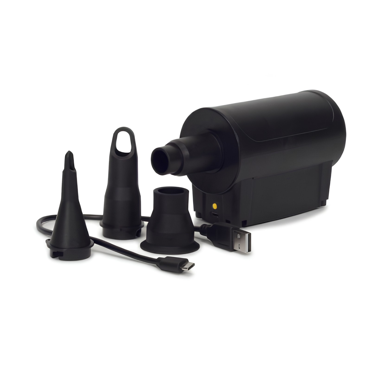A black portable electric air pump kit isolated on a white background, featuring three different plastic nozzle attachments and a USB charging cable for inflating pools and tubs.