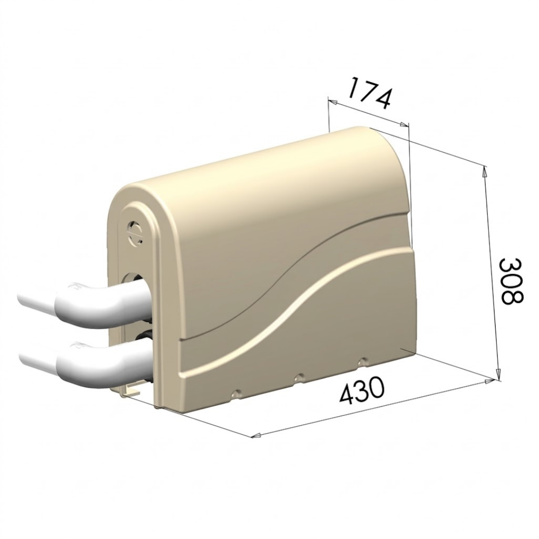 Technical dimension schematic diagram showing a beige Protec spa bath pump cover measuring 430mm in length, 174mm in width, and 308mm in height isolated on white.