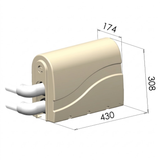 Technical dimension schematic diagram showing a beige Protec spa bath pump cover measuring 430mm in length, 174mm in width, and 308mm in height isolated on white.