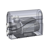 Transparent CAD outline diagram showing a Triflo spa bath pump housed inside a Protec protective cover with PVC pipe connections isolated on white.
