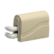 Three-quarter studio view of a beige Protec spa bath pump cover mounted over two white PVC elbow pipes, isolated on a white background.