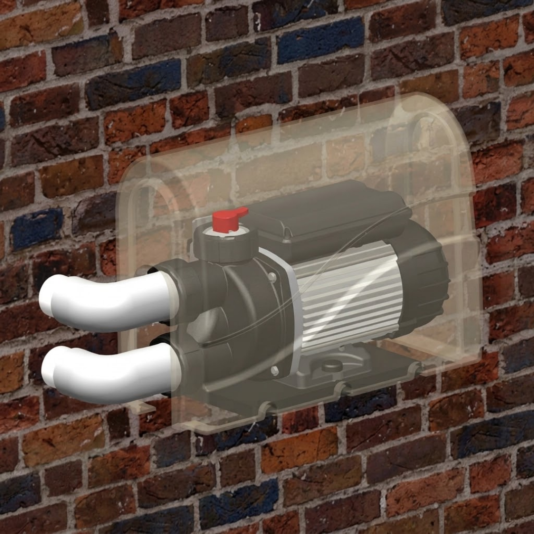 In-situ cross-section view showing a spa bath pump mounted on a red brick exterior wall with a semi-transparent beige Protec cover revealing the internal motor and PVC pipe assembly.