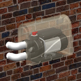 In-situ cross-section view showing a spa bath pump mounted on a red brick exterior wall with a semi-transparent beige Protec cover revealing the internal motor and PVC pipe assembly.