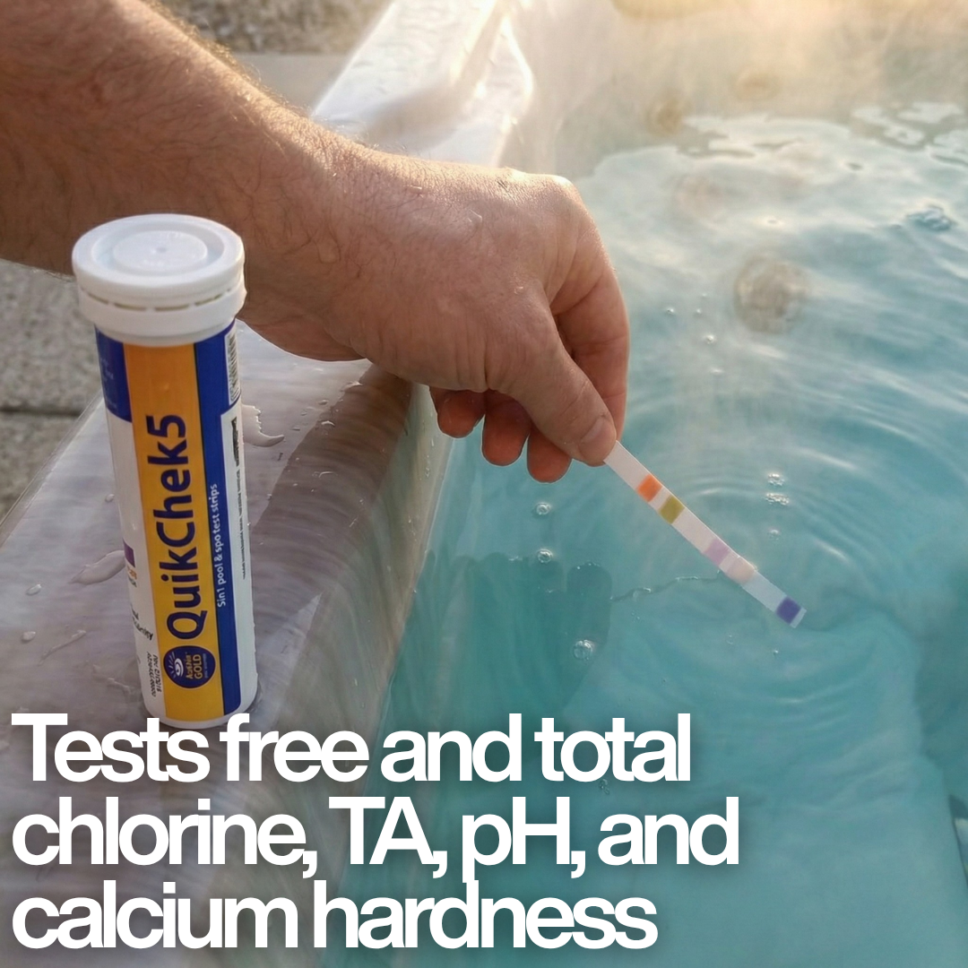 A hand dipping a 5-in-1 test strip into a spa pool next to a bottle of QuikChek5 pool and spa test strips, with white text overlay stating it tests free and total chlorine, TA, pH, and calcium hardness.