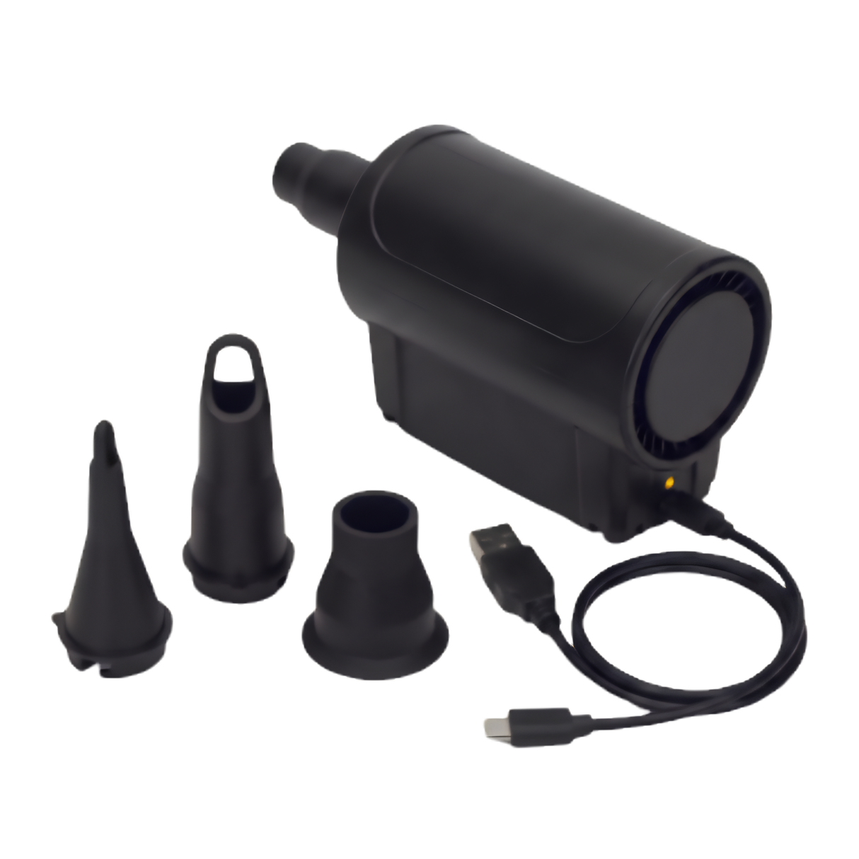 High-angle view of a black rechargeable electric air pump kit isolated on a white background, showing a USB-C charging cable plugged into the base, alongside three interchangeable inflation nozzle attachments.