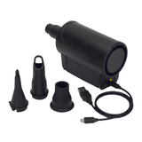 High-angle view of a black rechargeable electric air pump kit isolated on a white background, showing a USB-C charging cable plugged into the base, alongside three interchangeable inflation nozzle attachments.
