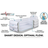 E-commerce infographic for the RecoveryTub Portable Ice Bath titled Smart Design Optimal Flow. The graphic shows a cross-section diagram of the empty white inflatable tub pointing out features like Durable Multi-Layer PVC, Thermo-Insulation Layer, Reinforced Headrest, Fast-Drain Valves, and Compact Folding Design.