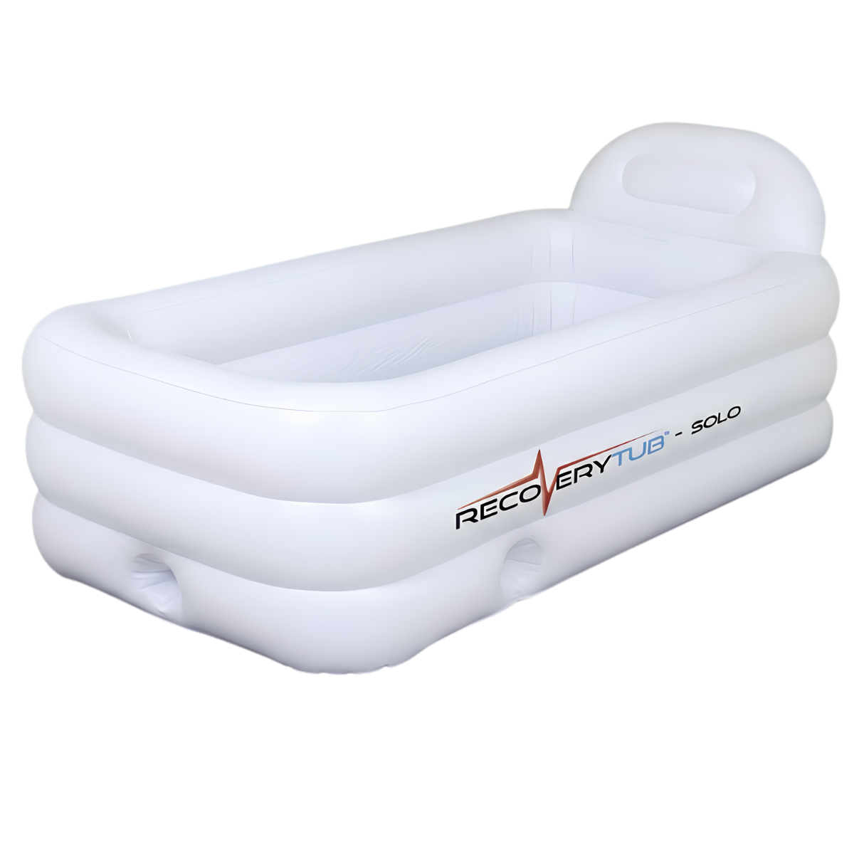 An empty white rectangular RecoveryTub Solo inflatable ice bath with an integrated headrest, shown from an angled perspective against a solid white background, displaying the brand logo on the tiered multi-ring wall.