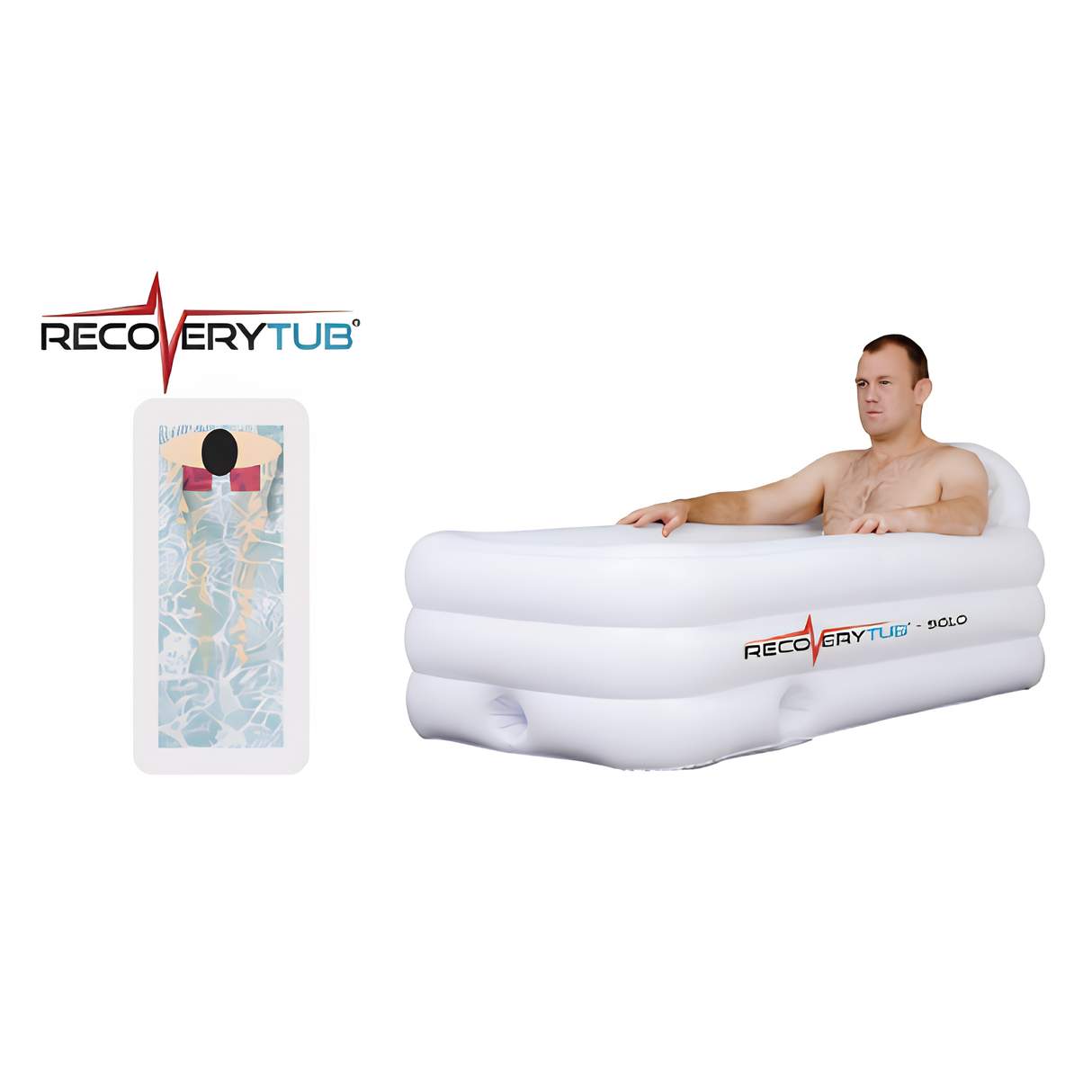 Product infographic for the RecoveryTub Solo inflatable ice bath featuring a man sitting inside the white rectangular plunge tub on the right, and a top-down dimensional schematic diagram showcasing body positioning on the left, set against a plain white background.