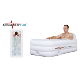 Product infographic for the RecoveryTub Solo inflatable ice bath featuring a man sitting inside the white rectangular plunge tub on the right, and a top-down dimensional schematic diagram showcasing body positioning on the left, set against a plain white background.