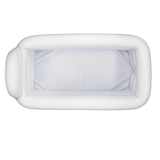 Direct overhead bird's-eye view of an empty white rectangular RecoveryTub Solo inflatable ice bath with a built-in headrest on the left, showcasing its spacious interior liner layout on a solid white background