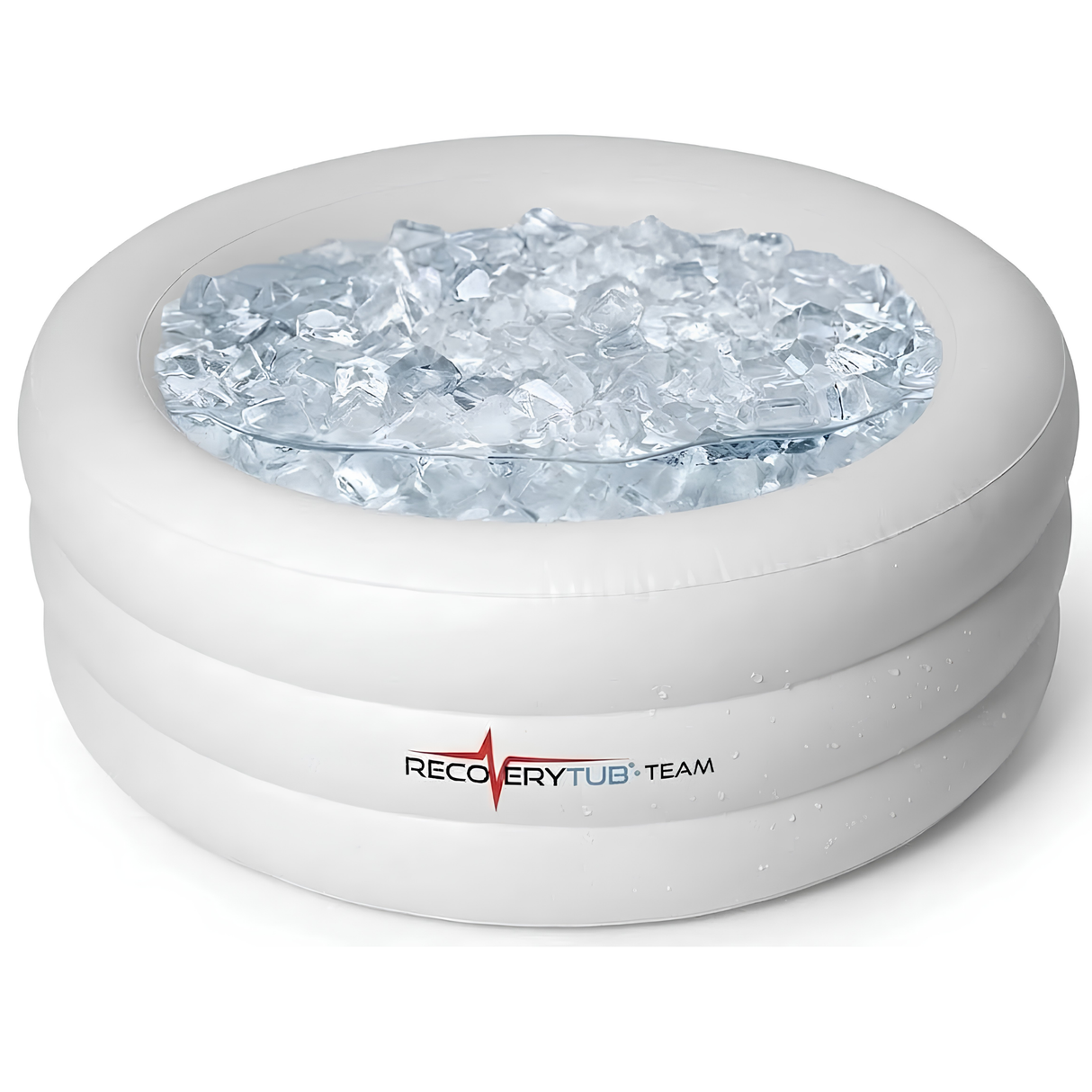 A round white inflatable RecoveryTub Team ice bath fully inflated and filled to the top with clear ice cubes, isolated on a white background.