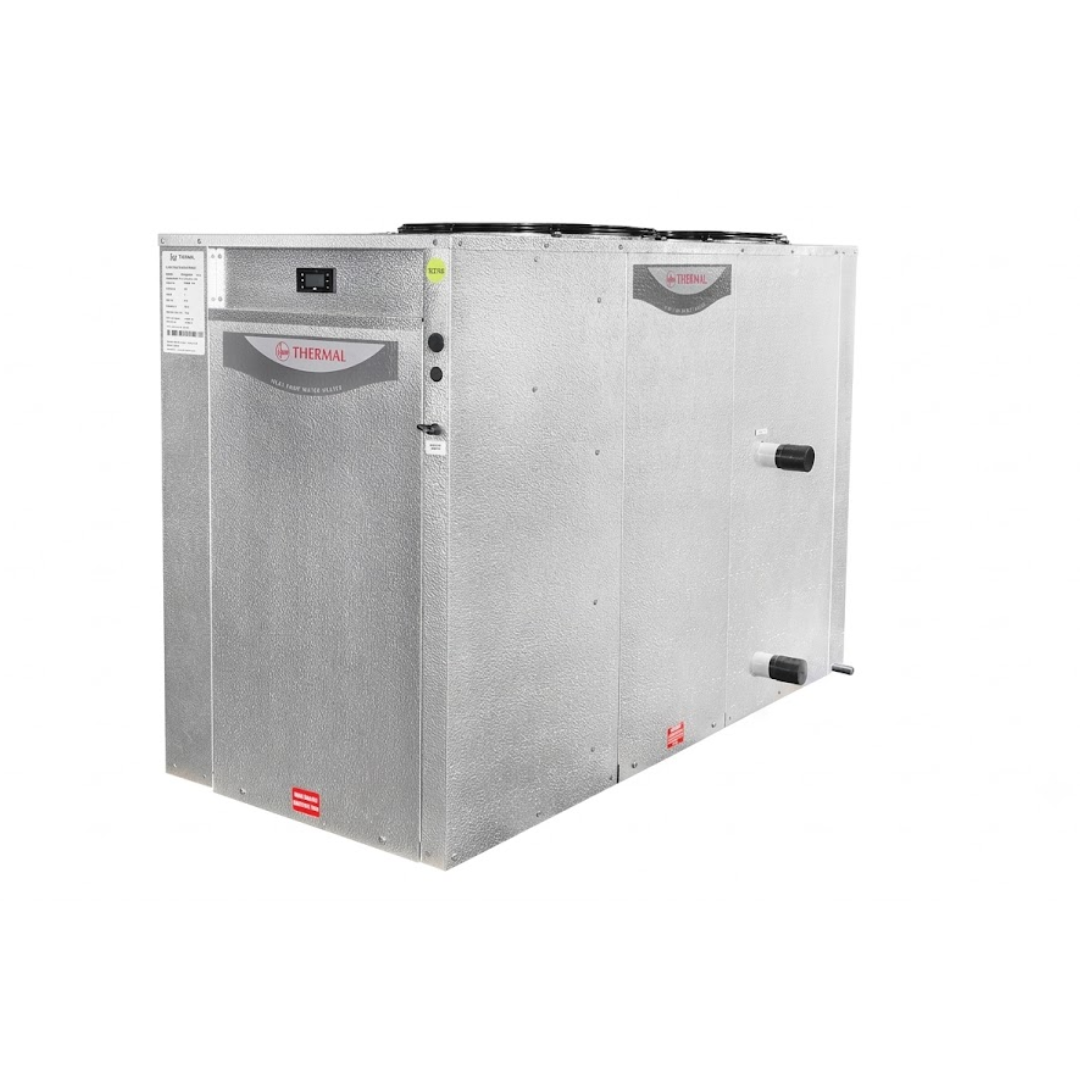 Three-quarter studio view of a heavy-duty metallic silver Rheem Thermal commercial pool heat pump, featuring a marine-grade casing, top-discharge fan outlets, a front digital control screen, and side plumbing connection ports.