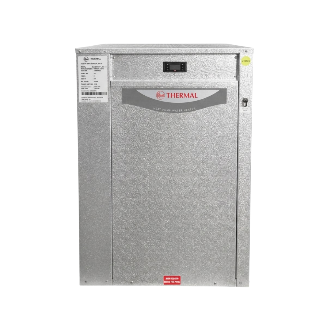 Direct front studio view of a Rheem Thermal Premium Residential Series pool heat pump water heater, featuring a durable marine-grade metallic casing, a digital temperature control screen, and a prominent Rheem Thermal logo banner emblem.