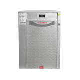 Direct front studio view of a Rheem Thermal Premium Residential Series pool heat pump water heater, featuring a durable marine-grade metallic casing, a digital temperature control screen, and a prominent Rheem Thermal logo banner emblem.
