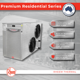 Product features infographic for the Rheem Thermal Premium Residential Series pool heat pump, highlighting its Australian manufacture, year-round pool heating capabilities, marine grade aluminium cabinet construction, and low ambient high-efficiency design.