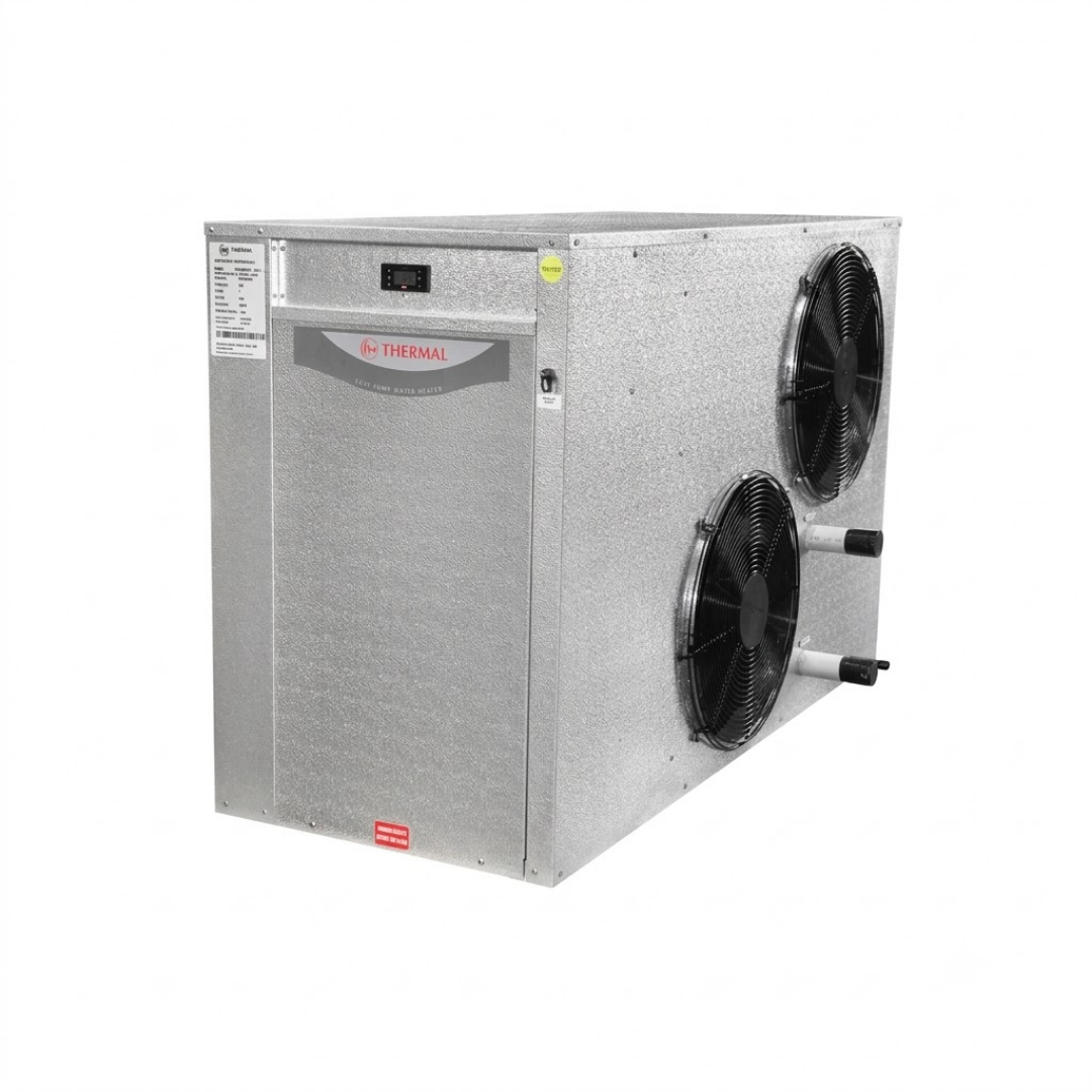 Three-quarter studio view of a metallic silver Rheem Thermal Premium Residential Series pool heat pump, featuring a commercial-grade galvanized steel casing, a digital control screen, dual side-discharge fan grilles, and water pipe connection ports.
