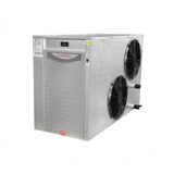 Three-quarter studio view of a metallic silver Rheem Thermal Premium Residential Series pool heat pump, featuring a commercial-grade galvanized steel casing, a digital control screen, dual side-discharge fan grilles, and water pipe connection ports.
