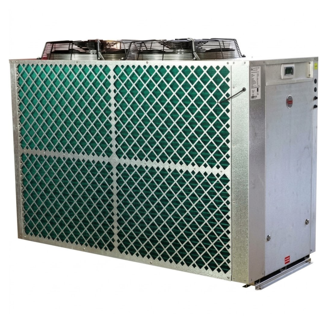 Rheem Thermal RTHP residential pool heat pump unit featuring top discharge fans, green heat exchange coils, and a metallic protective casing.