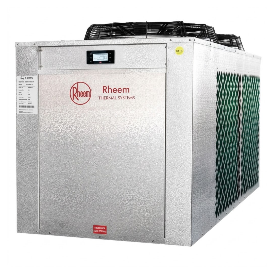 Front panel view of a Rheem Thermal Systems RTHP residential pool heat pump featuring digital control display and galvanized steel cabinet.