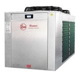 Front panel view of a Rheem Thermal Systems RTHP residential pool heat pump featuring digital control display and galvanized steel cabinet.