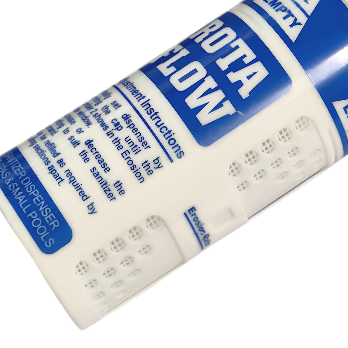 Macro close-up view of the Rota Flow sanitizer dispenser label showing printed adjustment instructions and adjustment window details