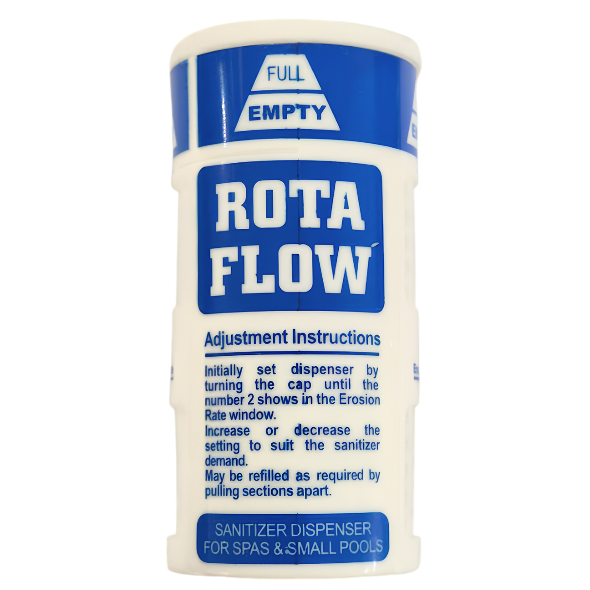 Rota Flow sanitizer dispenser for spas and small pools showing adjustment instructions and full empty indicator.