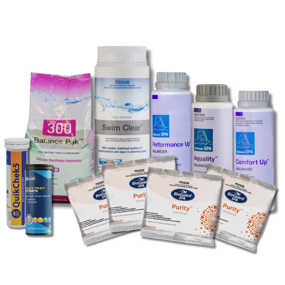 Complete salt swim and plunge pool chlorine maintenance kit featuring BioGuard Spa products including Swim Clear, Performance Up, Aquality, Comfort Up balancers, Purity oxidizer sachets, Balance Pak 300, and salt test strips.