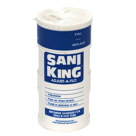 Sani-King Adjust-A-Flo floating bromine sanitizer cartridge with a dark blue label for spas and hot tubs.