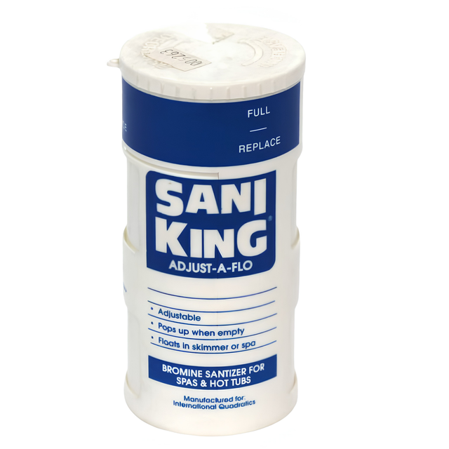 Sani-King Adjust-A-Flo floating bromine sanitizer cartridge with a dark blue label for spas and hot tubs.