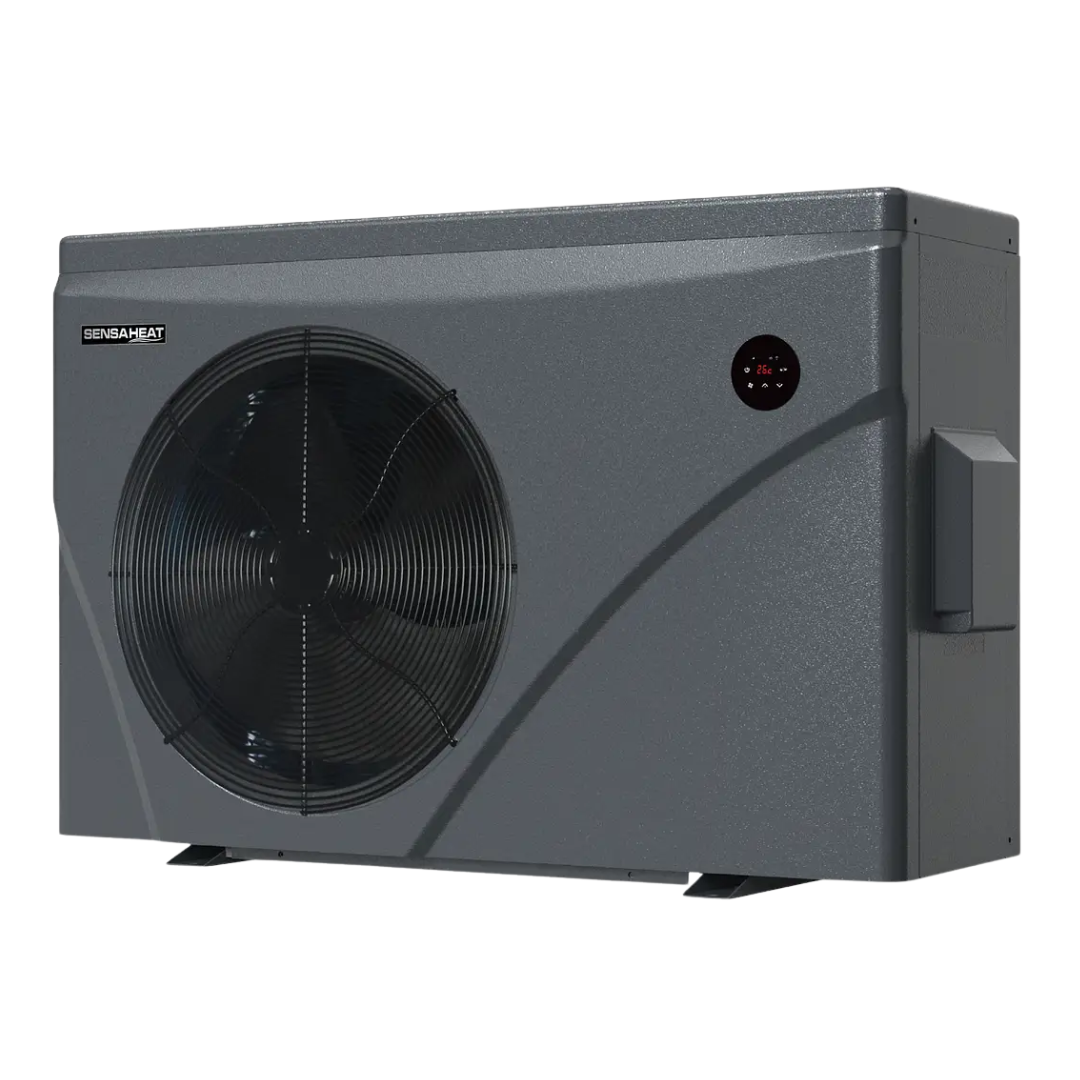 Three-quarter studio view of a dark grey Sensaheat ES Series pool heat pump featuring a front-discharge fan grille, top-left logo, circular LED display, and side-mounted electrical junction box.